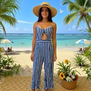 Love University Women Junior M ROMPER White Blue Striped Zip Up Sp